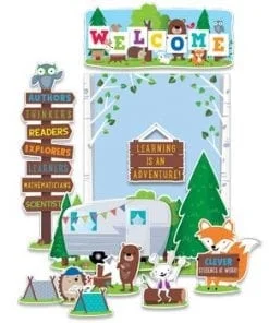 A set of welcome signs and animals in the woods.