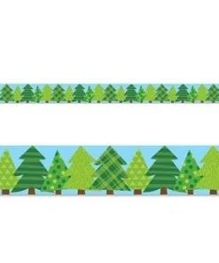 A green tree border with plaid and argyle designs.