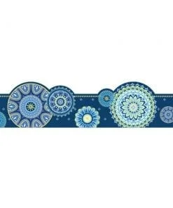 A blue and green border with different designs.