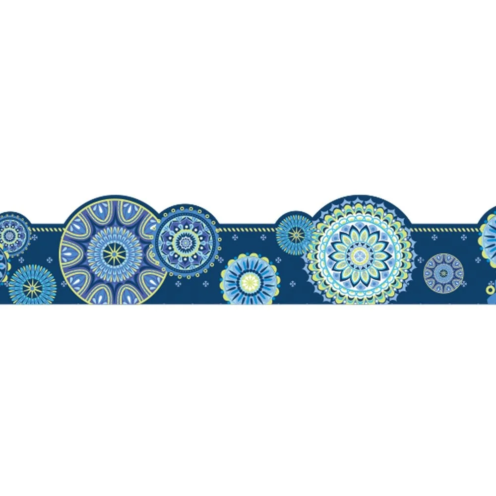 A blue and green border with different designs.