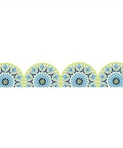 A row of blue and yellow flowers on top of each other.