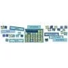 A blue calculator and some numbers on the wall