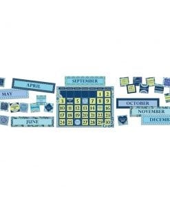 A blue calculator and some numbers on the wall