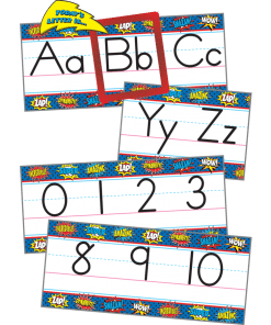 A set of alphabet and number cards with superhero theme.