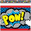 A red, white and blue strip with the word pow in it.