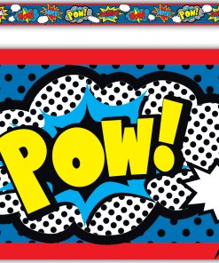 A red, white and blue strip with the word pow in it.