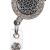 A black and white badge holder with a diamond frame.