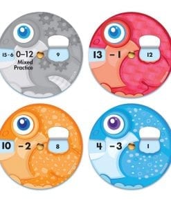 A set of four round stickers with numbers and animals.