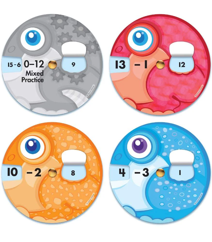 A set of four round stickers with numbers and animals.