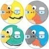 A set of four round pictures with numbers and animals.