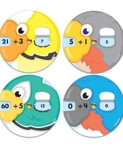 A set of four round pictures with numbers and animals.