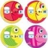 A set of four different colored fish with numbers on them.