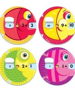 A set of four different colored fish with numbers on them.
