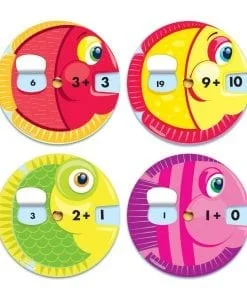 A set of four different colored fish with numbers on them.