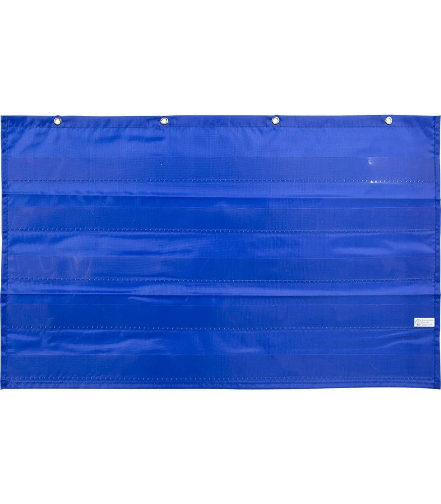 A blue tarp with two metal grommets on it.