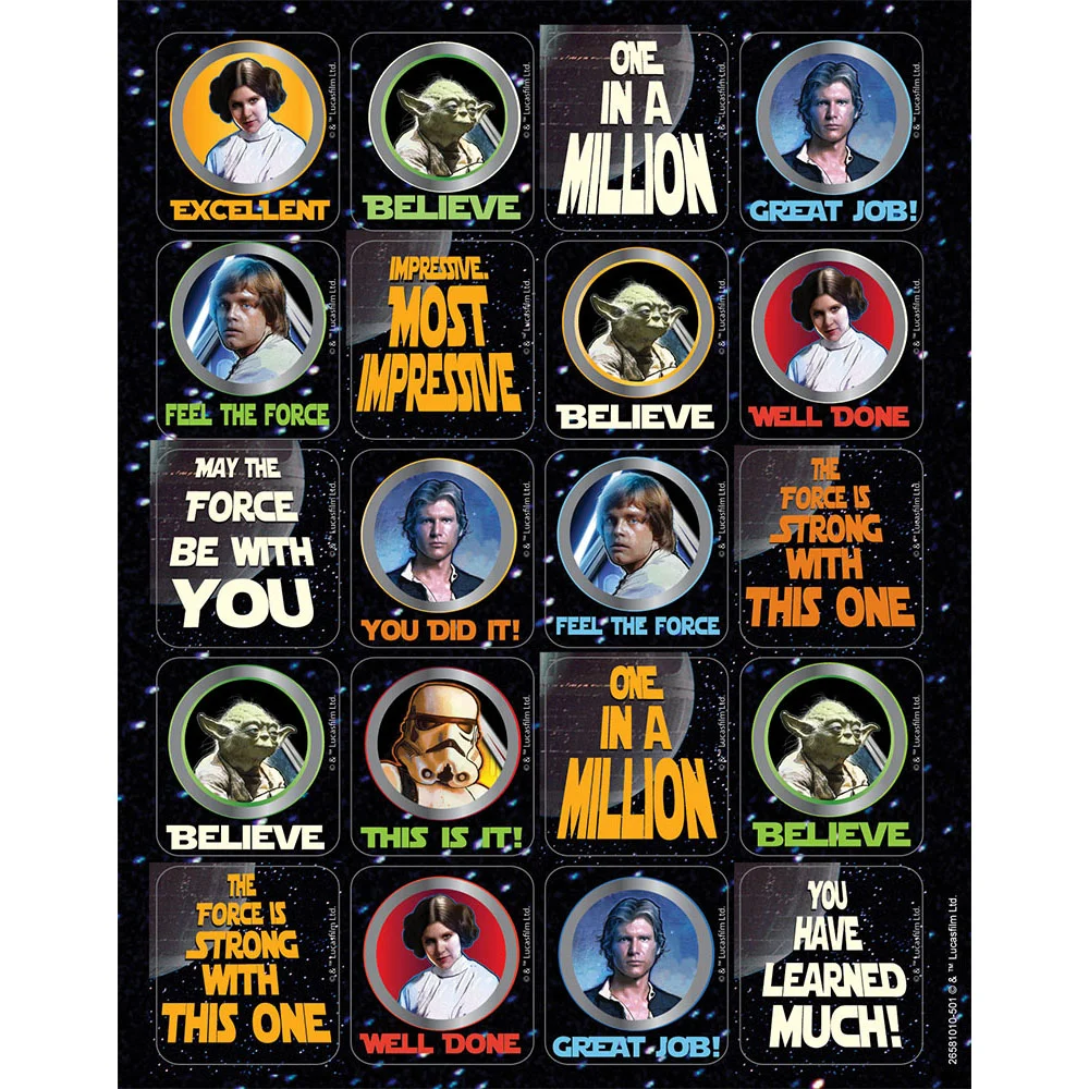 A sheet of stickers with star wars characters.