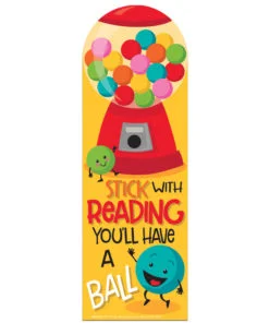 A bookmarker with a gumball machine and a ball.
