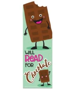 A chocolate bar with a smiling face and the words " will read for chocolate ".
