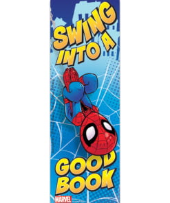 A spider-man bookmark with a blue balloon.