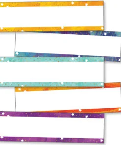 A set of five colorful name tags with stars.