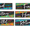 A set of six colorful posters with the words " fabulous ", " kind ," " faith ", and " honesty ".