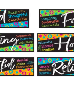 A set of six colorful posters with the words " fabulous ", " kind ," " faith ", and " honesty ".