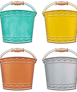 Four different colored buckets are shown in a row.