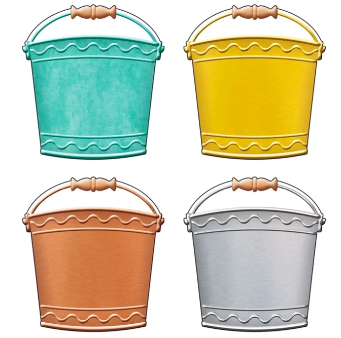 Four different colored buckets are shown in a row.