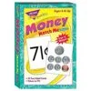 A box of money with coins and bills on it.