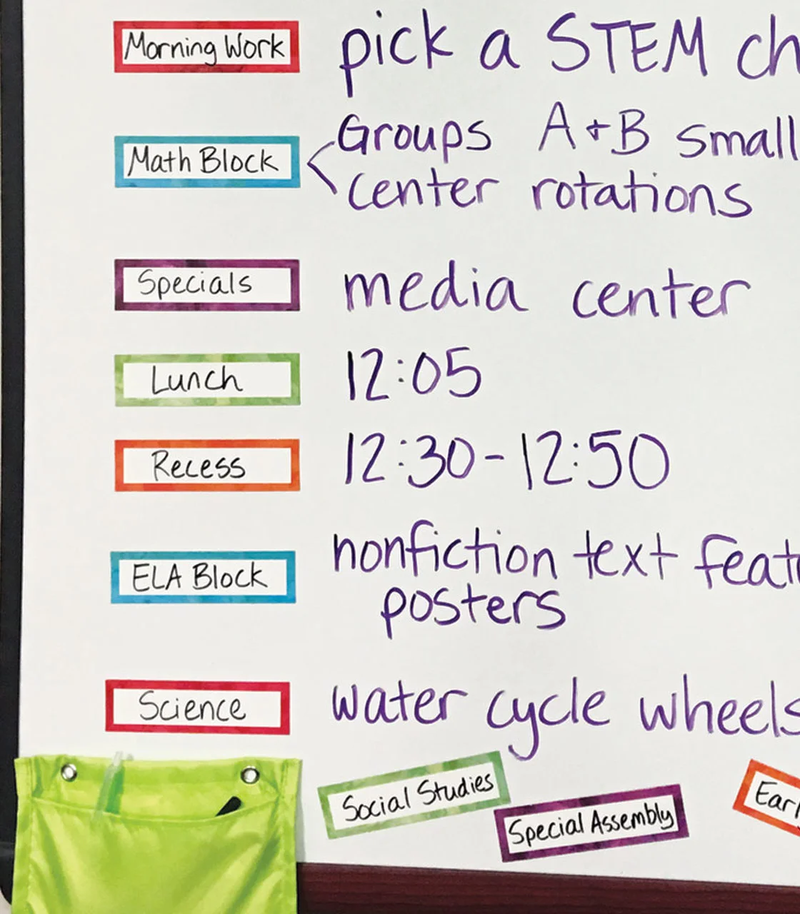 A white board with different colored labels on it.