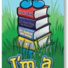Cartoon bee standing on stacked books