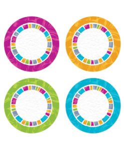A set of four colorful circles with different designs.