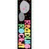 A bookmarker with the words reading rock and roll written in colorful letters.