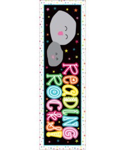 A bookmarker with the words reading rock and roll written in colorful letters.