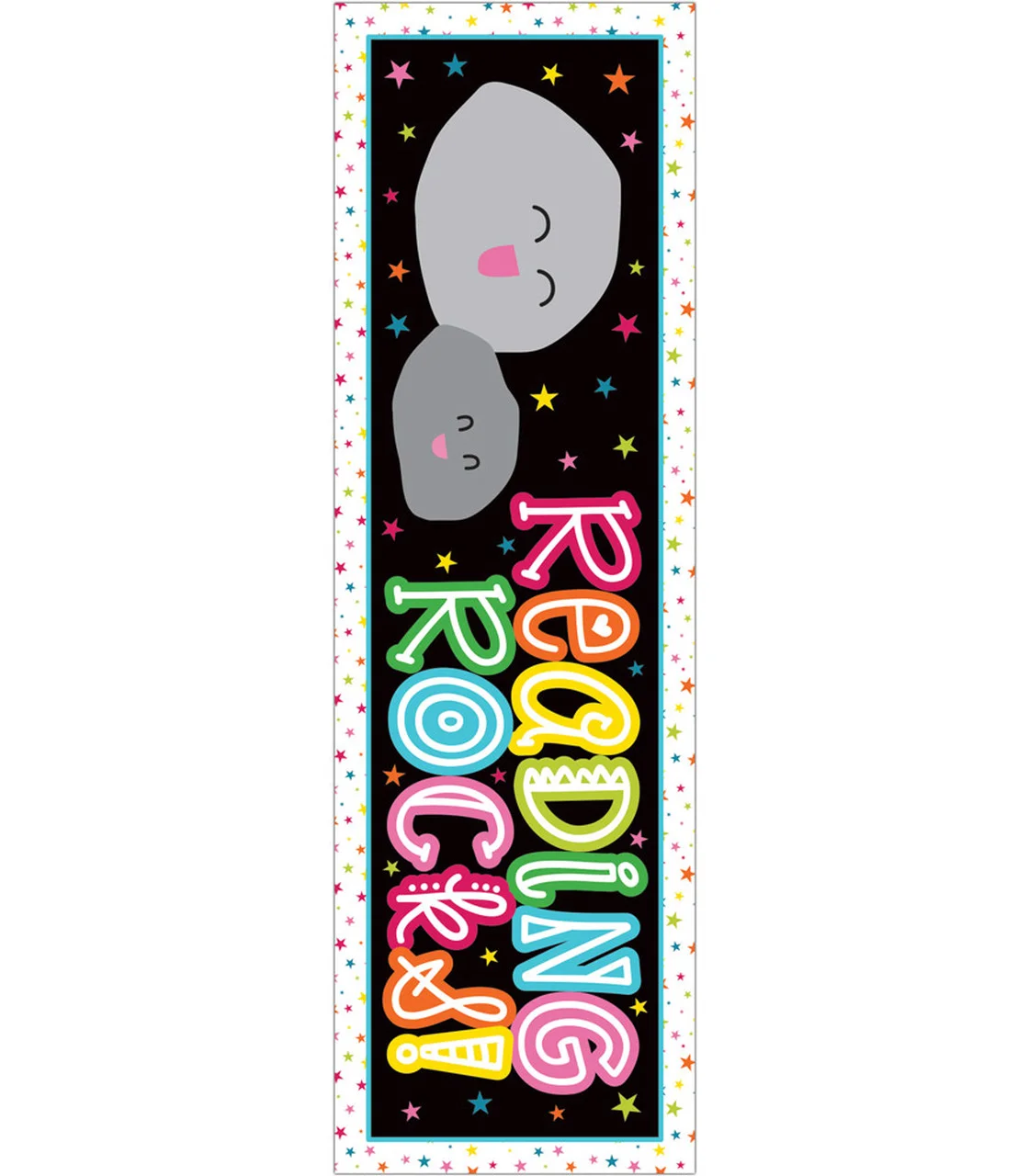 A bookmarker with the words reading rock and roll written in colorful letters.