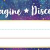 A name tag with the words imagine, discover and believe written on it.