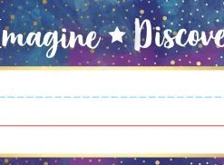 A name tag with the words imagine, discover and believe written on it.