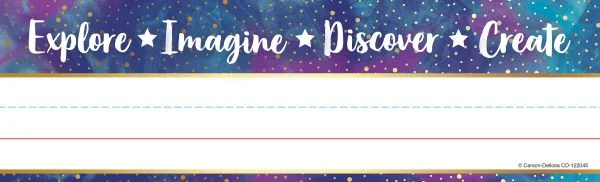 A name tag with the words imagine, discover and believe written on it.