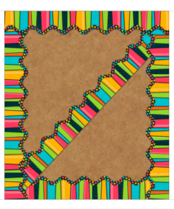 A colorful border of pencils on brown paper.