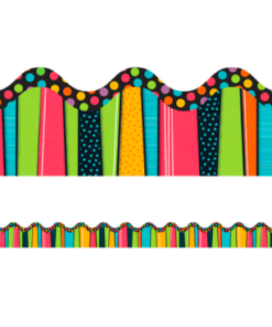 A colorful border with polka dots and stripes.