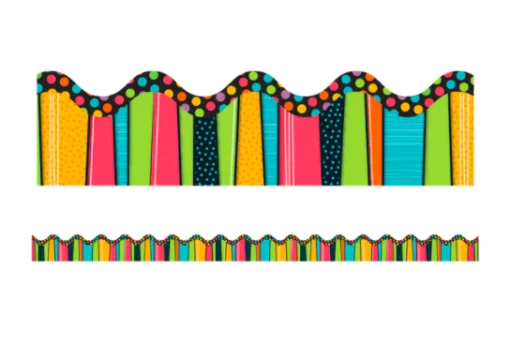 A colorful border with polka dots and stripes.