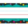 A colorful polka dot and teal background with a red line.