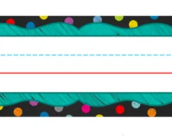 A colorful polka dot and teal background with a red line.