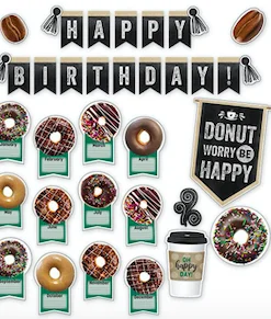 A bunch of donuts are on display with the words " happy birthday ".