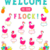 A bunch of flamingos are standing in front of the words " welcome to the flock ".