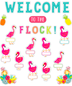 A bunch of flamingos are standing in front of the words " welcome to the flock ".