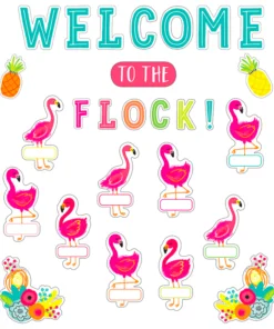 A bunch of flamingos are standing in front of the words 
