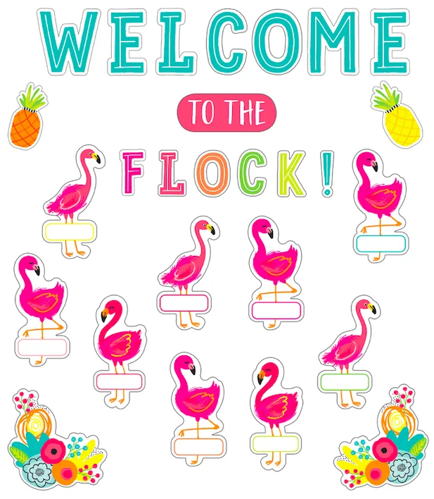A bunch of flamingos are standing in front of the words " welcome to the flock ".