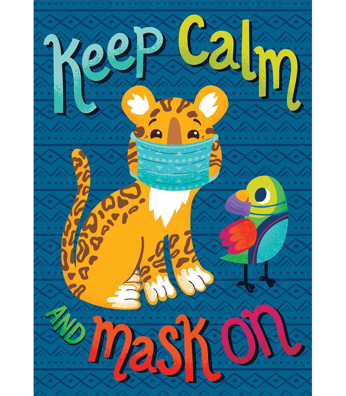 A tiger wearing a mask and a bird with a face mask.