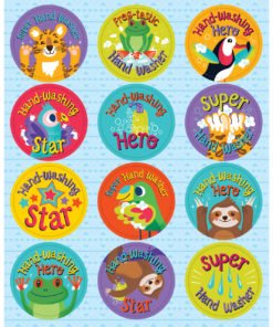 A sheet of stickers with different animals and words.